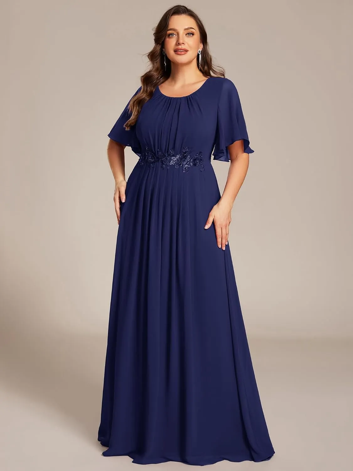 Ever-Pretty Plus Women's Round Neck Appliques Chiffon Short Sleeves Long Plus Size Formal Dresses Evening Gowns 02960-DA