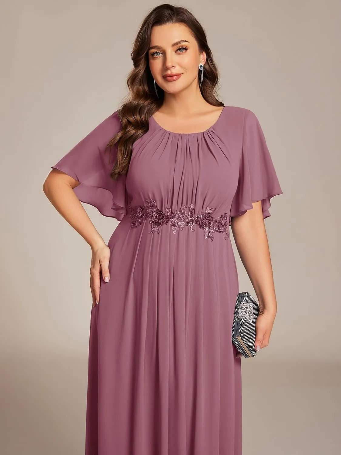 Ever-Pretty Plus Women's Round Neck Appliques Chiffon Short Sleeves Long Plus Size Formal Dresses Evening Gowns 02960-DA