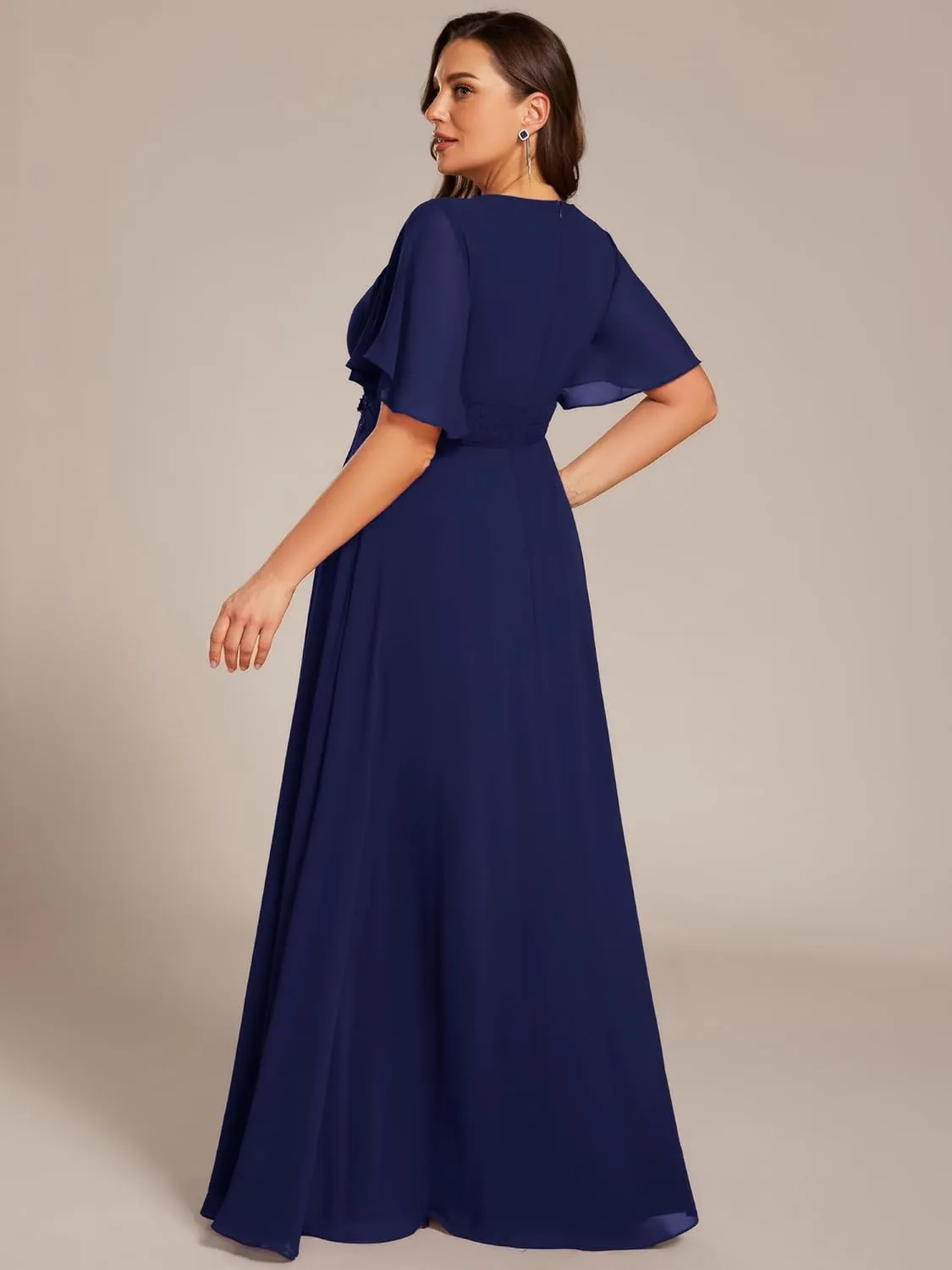 Ever-Pretty Plus Women's Round Neck Appliques Chiffon Short Sleeves Long Plus Size Formal Dresses Evening Gowns 02960-DA