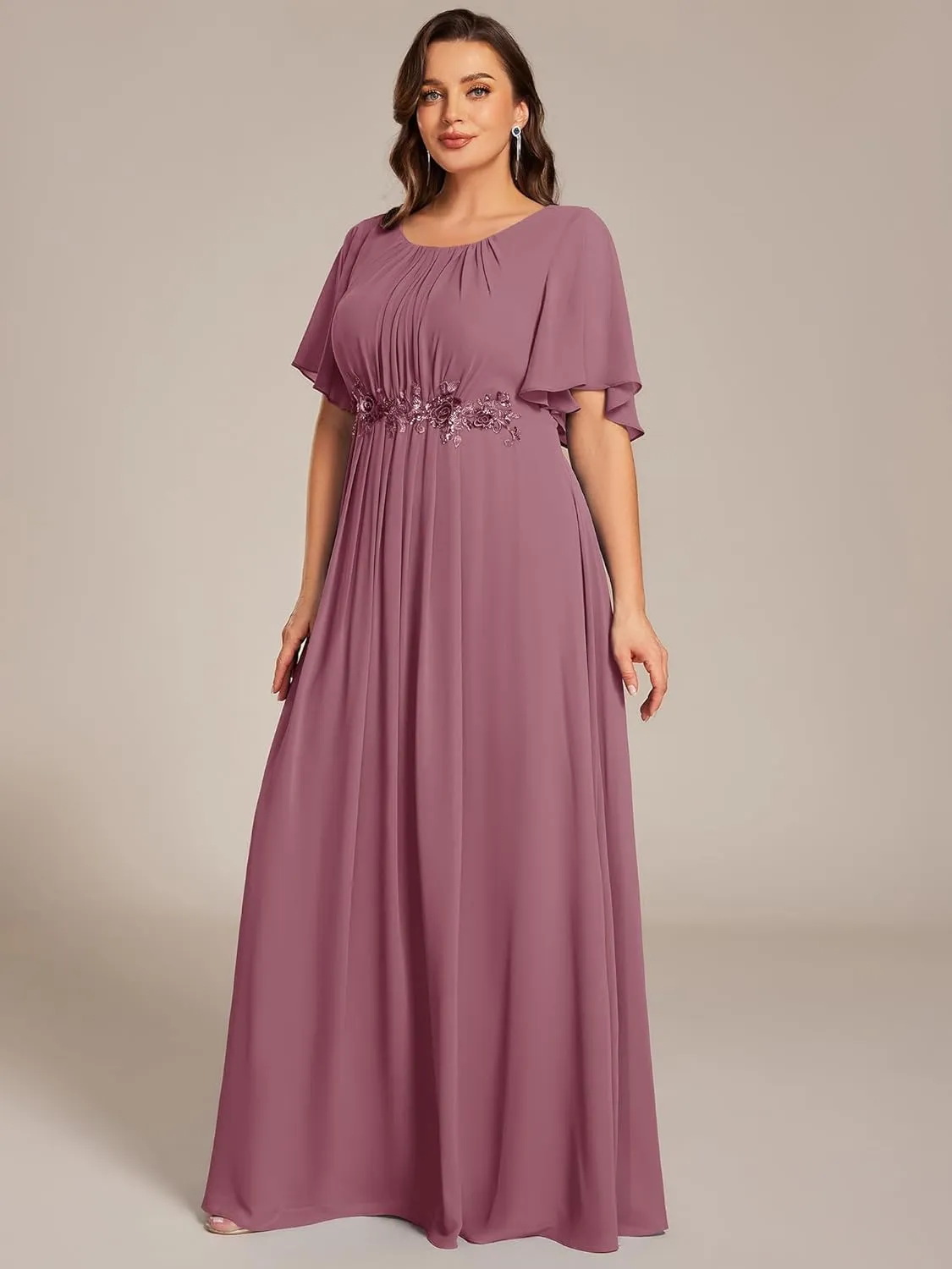 Ever-Pretty Plus Women's Round Neck Appliques Chiffon Short Sleeves Long Plus Size Formal Dresses Evening Gowns 02960-DA