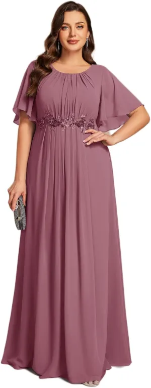Ever-Pretty Plus Women's Round Neck Appliques Chiffon Short Sleeves Long Plus Size Formal Dresses Evening Gowns 02960-DA