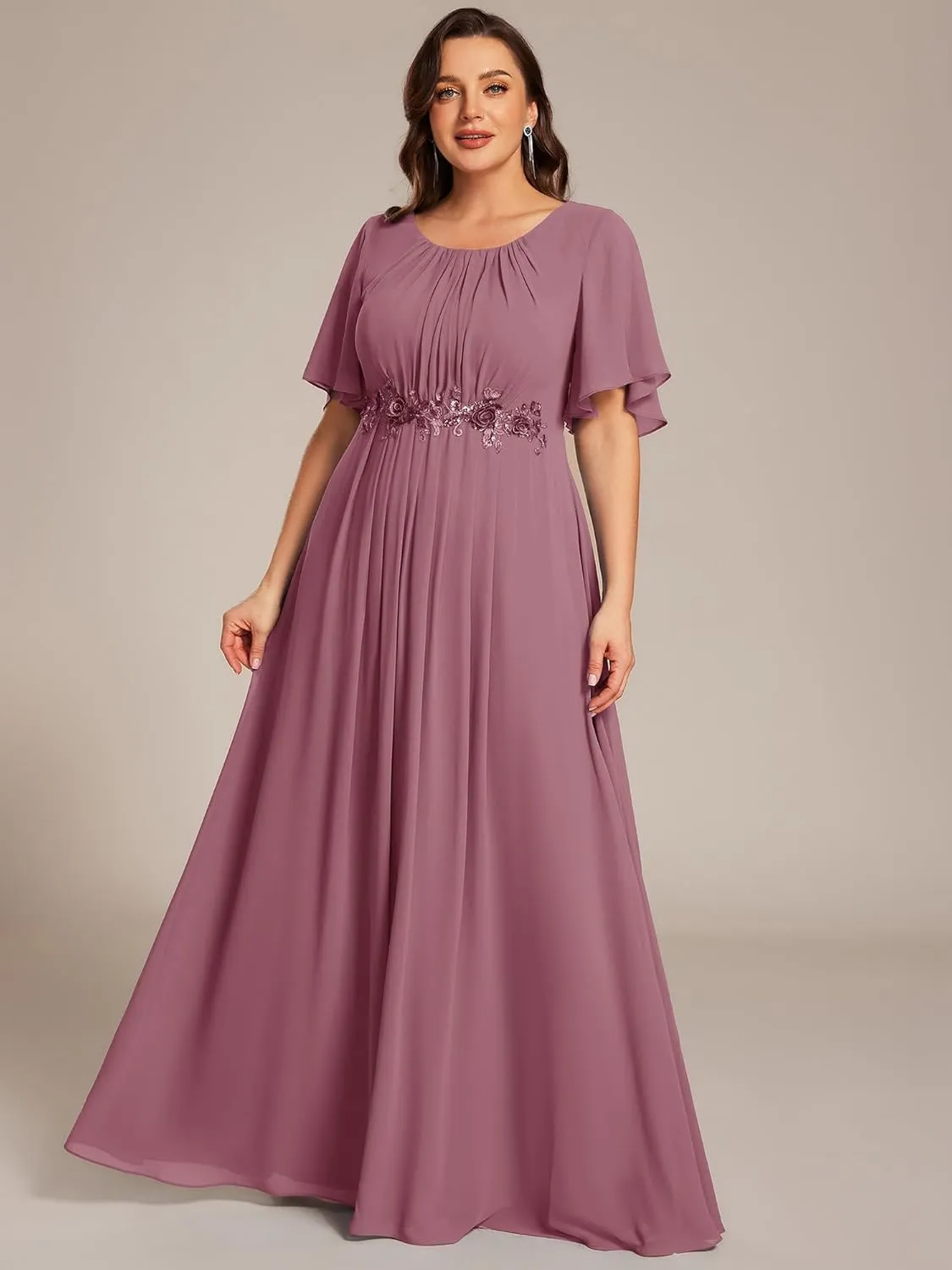 Ever-Pretty Plus Women's Round Neck Appliques Chiffon Short Sleeves Long Plus Size Formal Dresses Evening Gowns 02960-DA