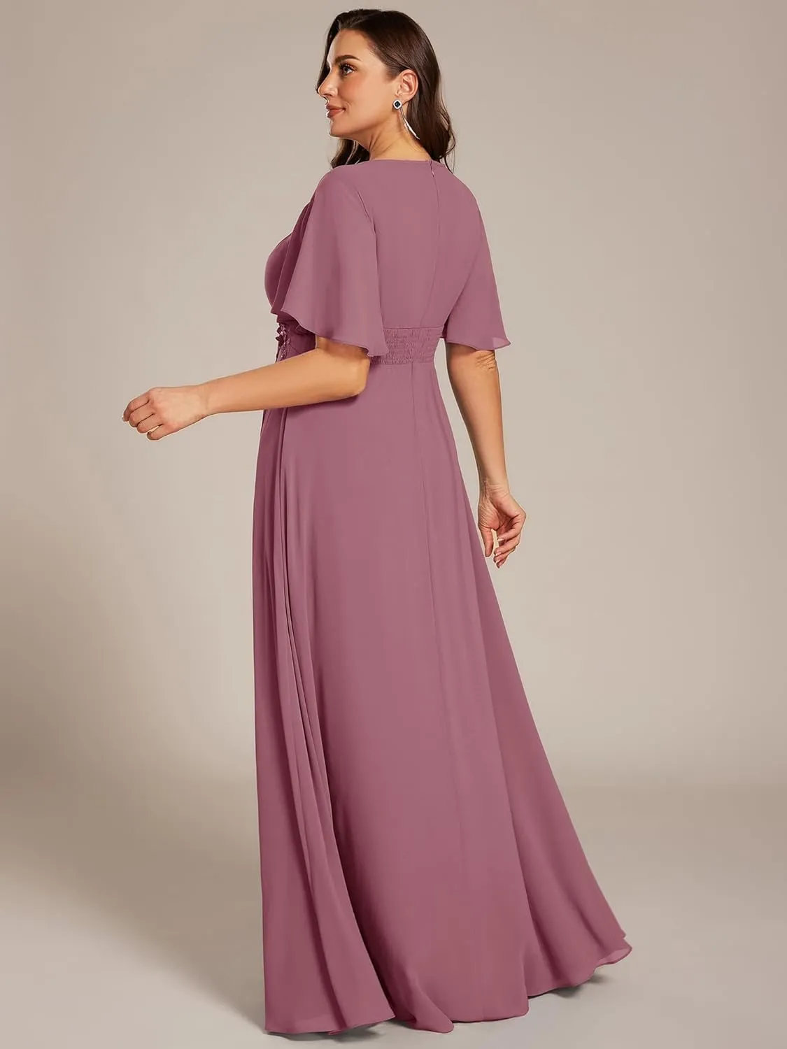 Ever-Pretty Plus Women's Round Neck Appliques Chiffon Short Sleeves Long Plus Size Formal Dresses Evening Gowns 02960-DA