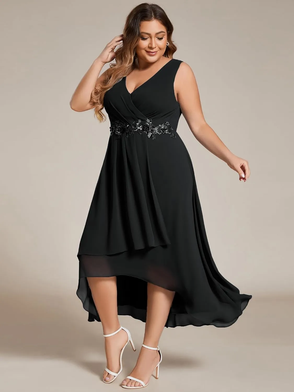 Ever-Pretty Women's Summer Chiffon Sleeveless V Neck Applique Plus Size High Low Formal Wedding Guest Dresses 41926-DA