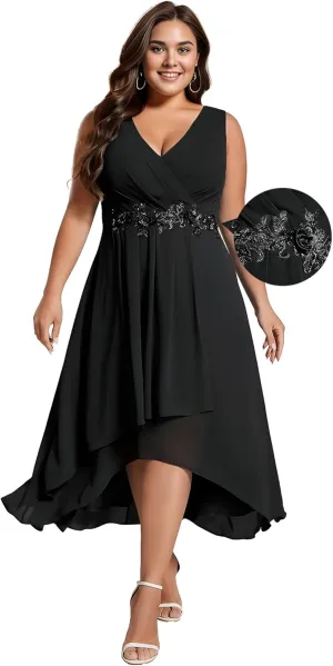 Ever-Pretty Women's Summer Chiffon Sleeveless V Neck Applique Plus Size High Low Formal Wedding Guest Dresses 41926-DA