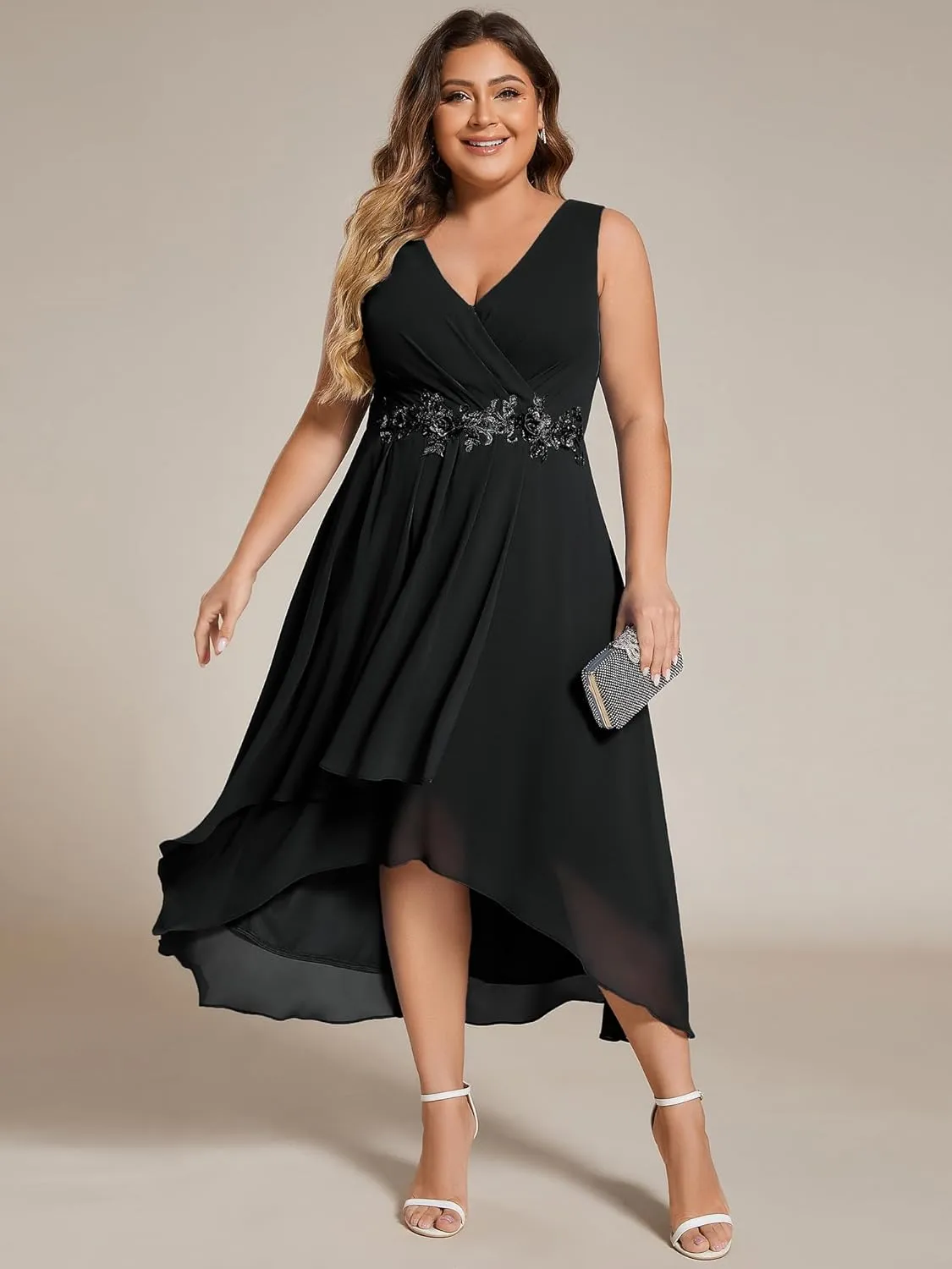 Ever-Pretty Women's Summer Chiffon Sleeveless V Neck Applique Plus Size High Low Formal Wedding Guest Dresses 41926-DA