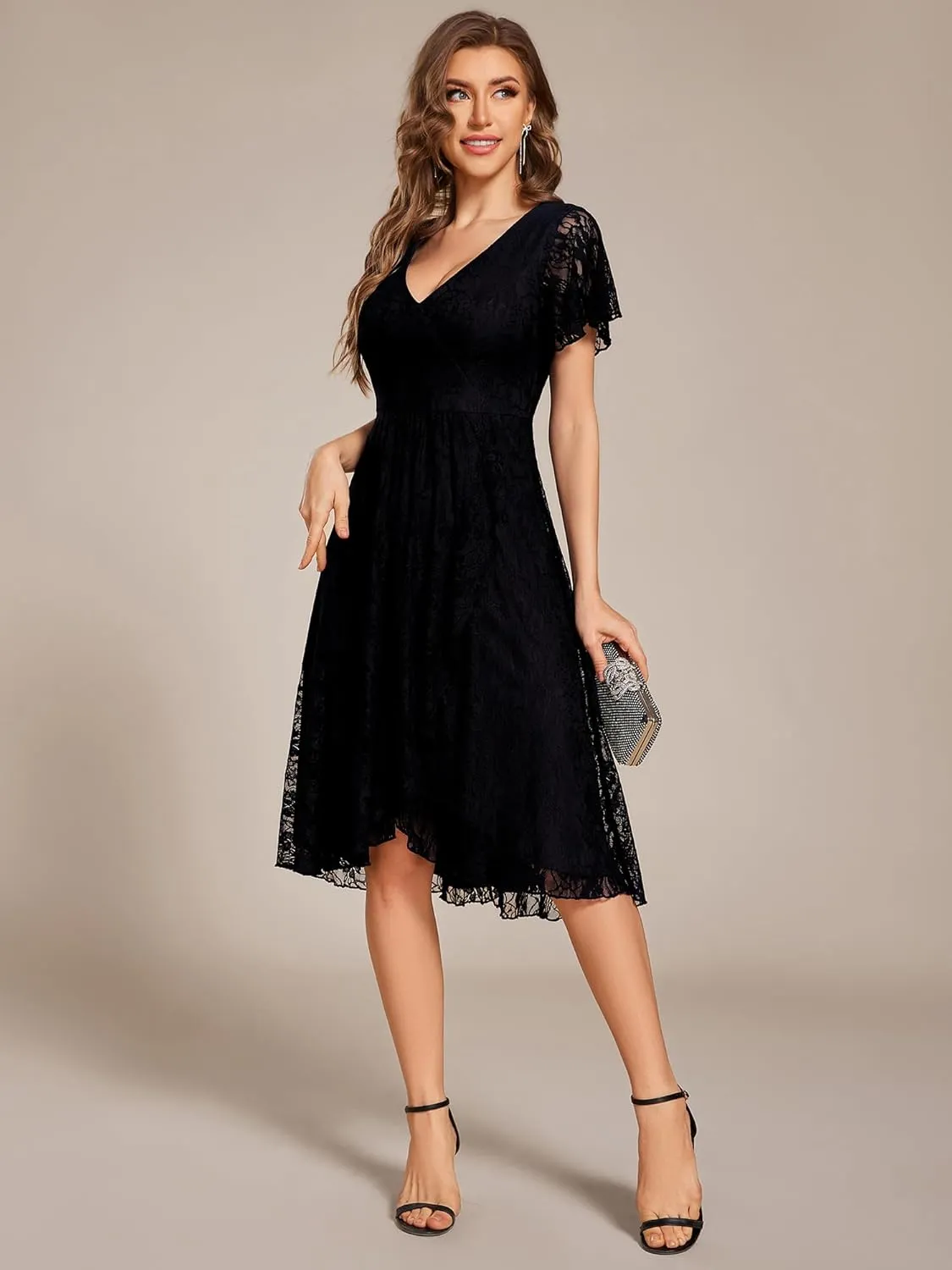Ever-Pretty Women's V Neck Short Sleeves Lace A Line Hi-Lo Midi Semi Formal Dress 02489