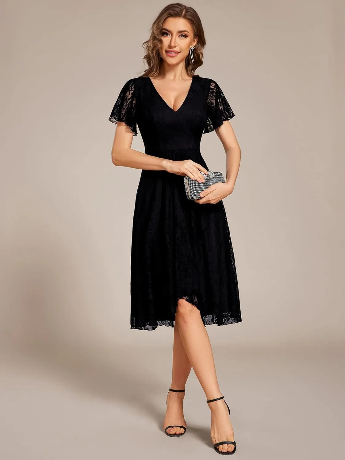 Ever-Pretty Women's V Neck Short Sleeves Lace A Line Hi-Lo Midi Semi Formal Dress 02489