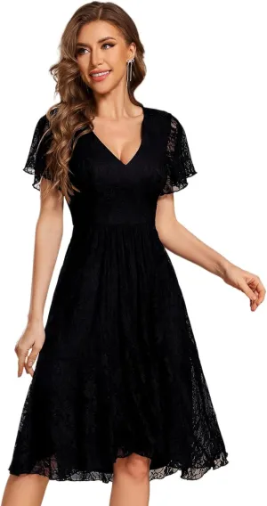 Ever-Pretty Women's V Neck Short Sleeves Lace A Line Hi-Lo Midi Semi Formal Dress 02489