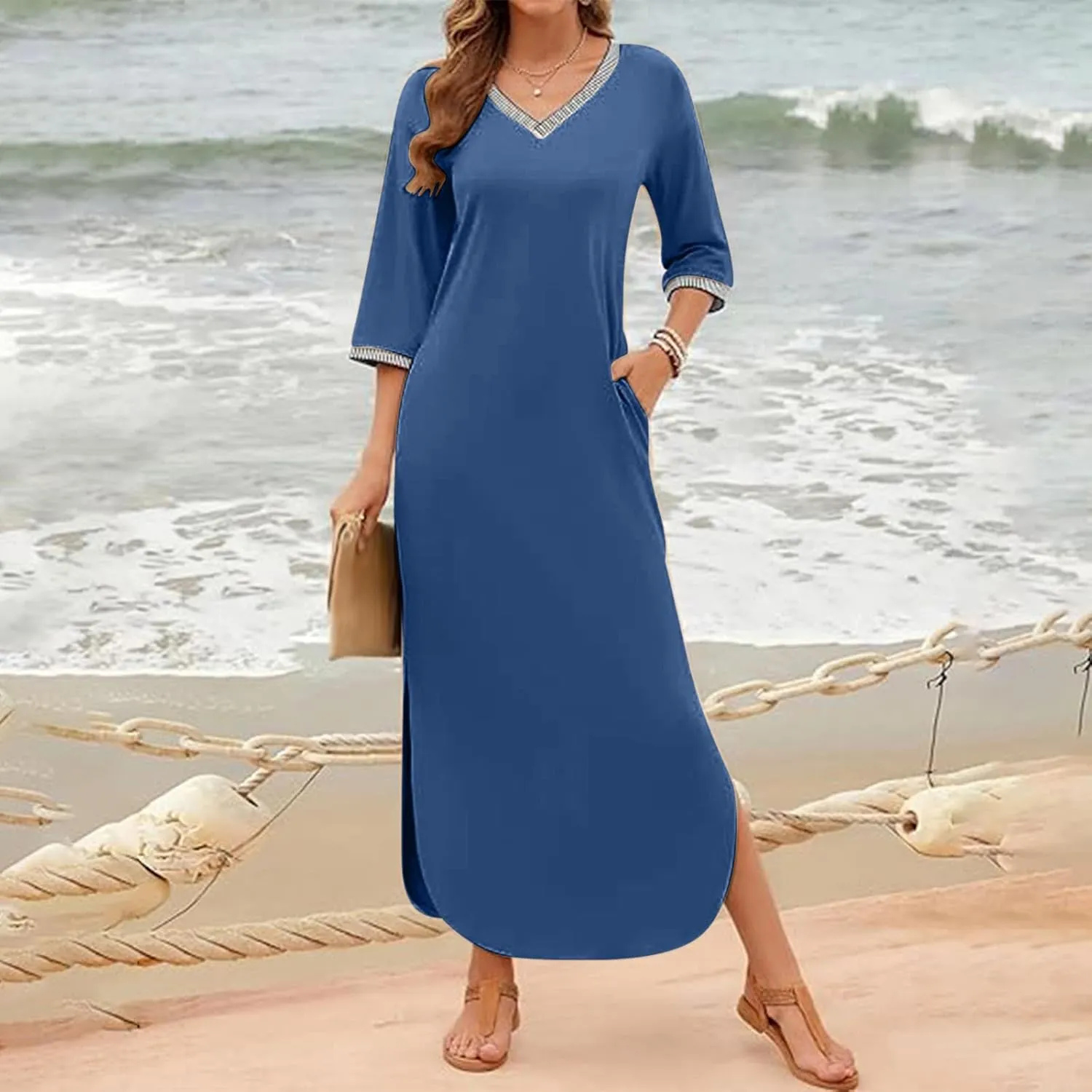 Fall Work Dresses for Women 2024 3/4 Sleeve Loose v Neck Ankle Length Dresses Casual Split Maxi Dresses with Pockets