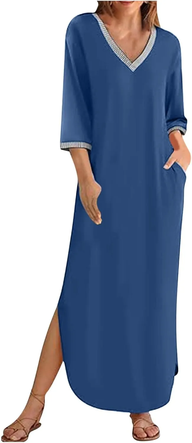 Fall Work Dresses for Women 2024 3/4 Sleeve Loose v Neck Ankle Length Dresses Casual Split Maxi Dresses with Pockets