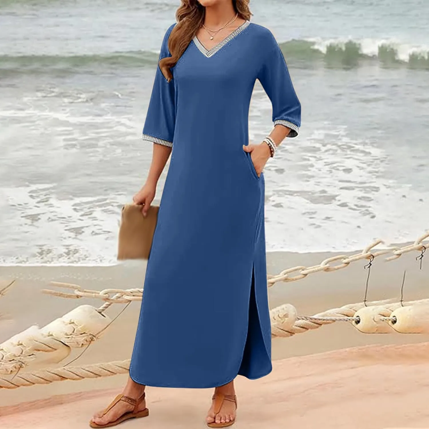 Fall Work Dresses for Women 2024 3/4 Sleeve Loose v Neck Ankle Length Dresses Casual Split Maxi Dresses with Pockets