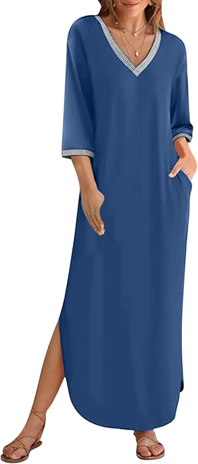 Fall Work Dresses for Women 2024 3/4 Sleeve Loose v Neck Ankle Length Dresses Casual Split Maxi Dresses with Pockets