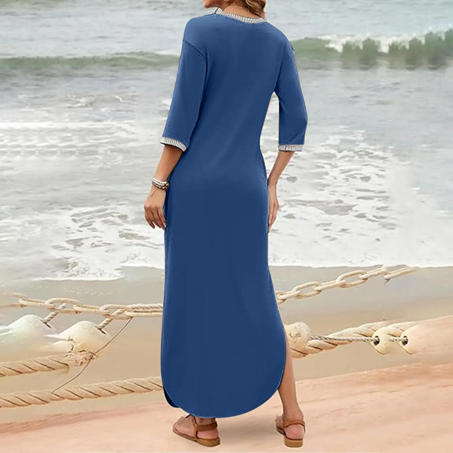 Fall Work Dresses for Women 2024 3/4 Sleeve Loose v Neck Ankle Length Dresses Casual Split Maxi Dresses with Pockets