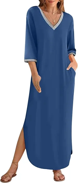 Fall Work Dresses for Women 2024 3/4 Sleeve Loose v Neck Ankle Length Dresses Casual Split Maxi Dresses with Pockets