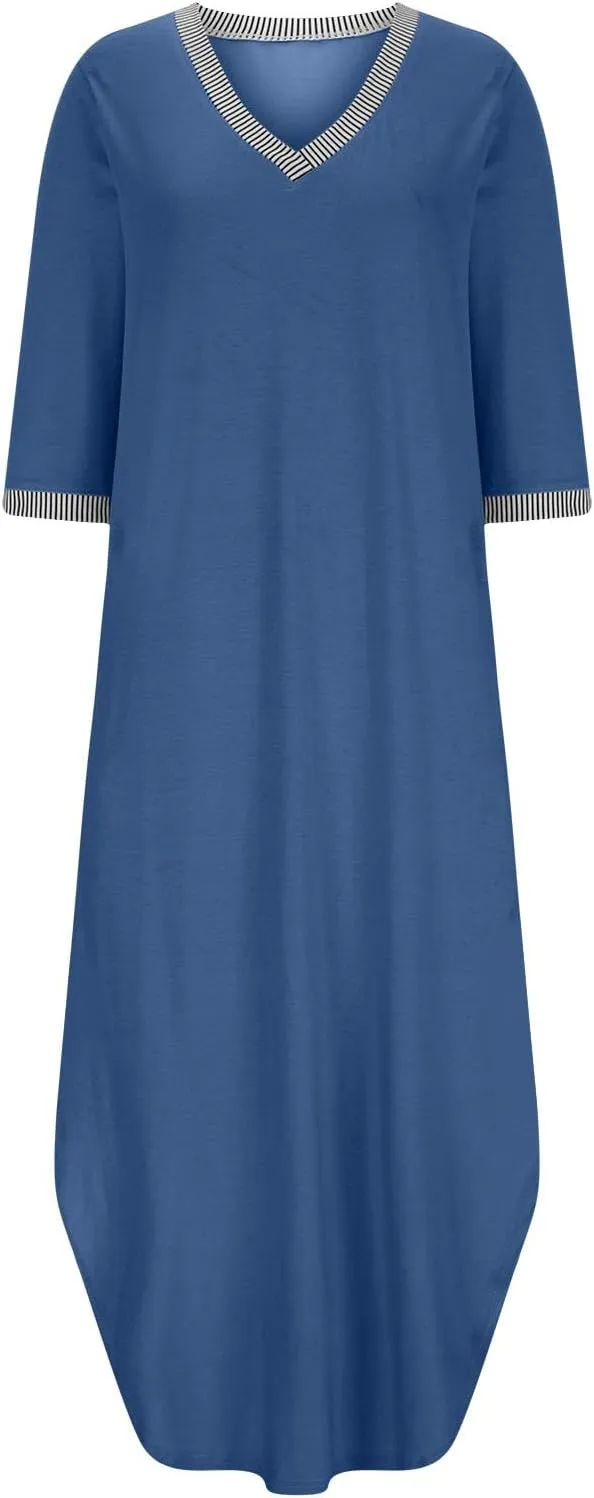 Fall Work Dresses for Women 2024 3/4 Sleeve Loose v Neck Ankle Length Dresses Casual Split Maxi Dresses with Pockets
