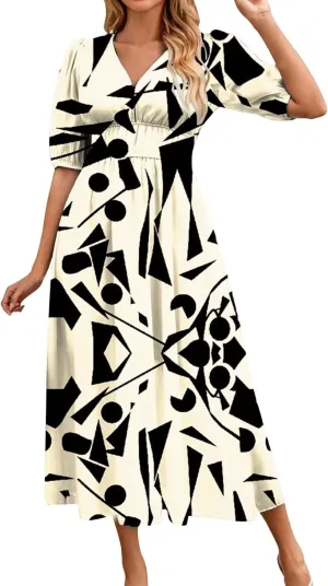 Floral Dress for Women V Neck Short Sleeve Empire Waist Midi Dresses Loose Fit A Line Classy Vintage Vacation Dresses