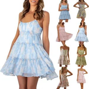 Floral Mini Dresses for Women 2025 Casual Summer Spaghetti Strap Tiered Ruffle Dress Flowy Chiffon Boho Sundress