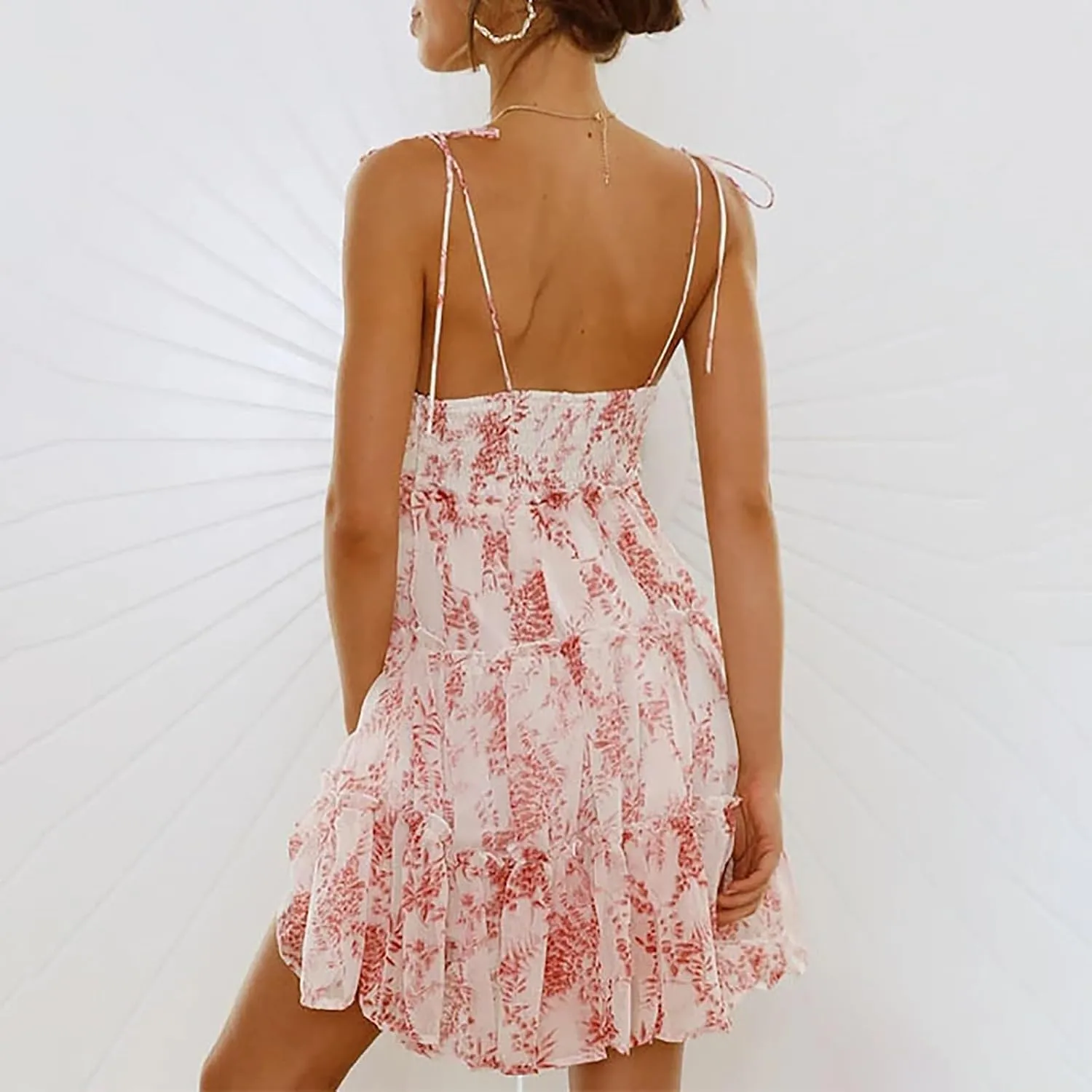 Floral Mini Dresses for Women 2025 Casual Summer Spaghetti Strap Tiered Ruffle Dress Flowy Chiffon Boho Sundress