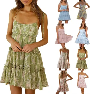 Floral Mini Dresses for Women 2025 Casual Summer Spaghetti Strap Tiered Ruffle Dress Flowy Chiffon Boho Sundress