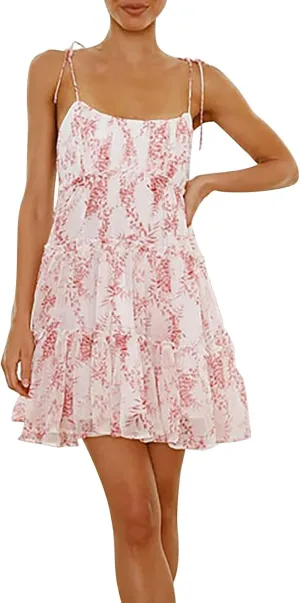 Floral Mini Dresses for Women 2025 Casual Summer Spaghetti Strap Tiered Ruffle Dress Flowy Chiffon Boho Sundress