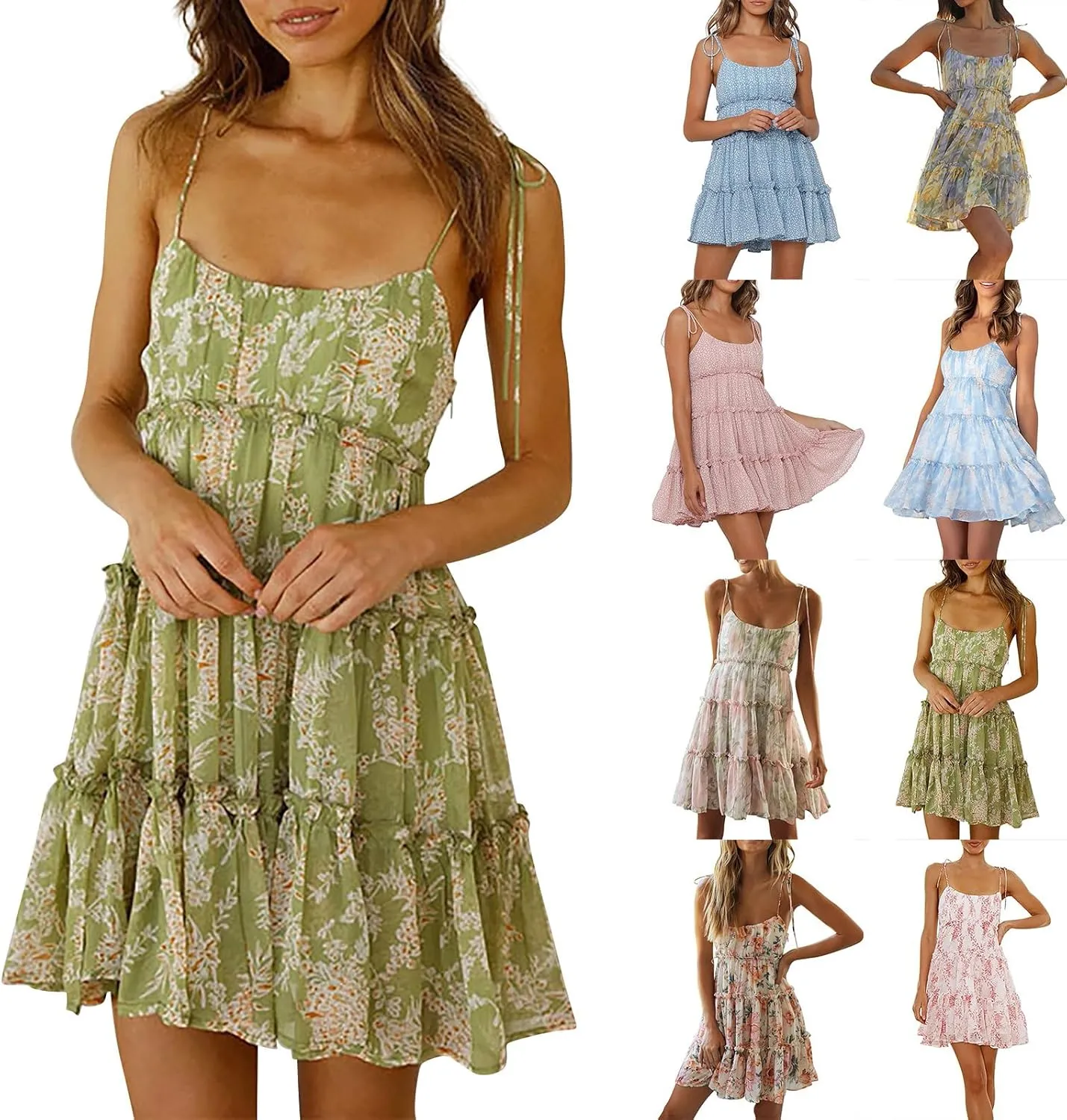 Floral Mini Dresses for Women 2025 Casual Summer Spaghetti Strap Tiered Ruffle Dress Flowy Chiffon Boho Sundress