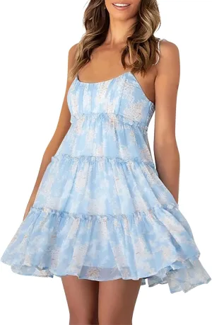 Floral Sundresses for Women 2025 Chiffon Spaghetti Strap Mini Babydoll Dress Casual Summer Tiered Ruffle Dress