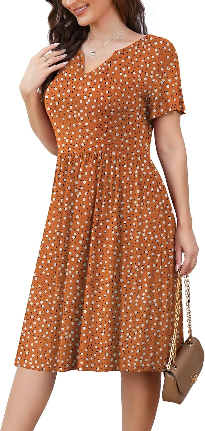 FOLUNSI Women's Plus Size Short Sleeve Pleated Casual Shirt Dress with Pockets