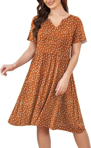 FOLUNSI Women's Plus Size Short Sleeve Pleated Casual Shirt Dress with Pockets