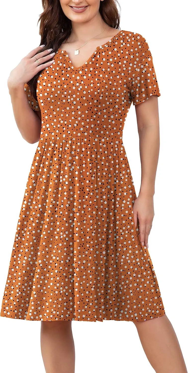 FOLUNSI Women's Plus Size Short Sleeve Pleated Casual Shirt Dress with Pockets