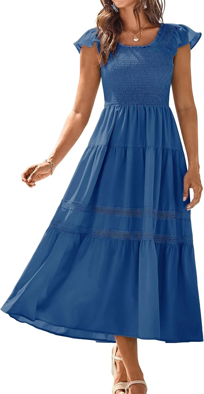 GRACE KARIN Womens Summer Dress Casual 2025 Flutter Sleeve Square Neck Smocked Boho Beach Dresses Tiered Midi Long Sundress