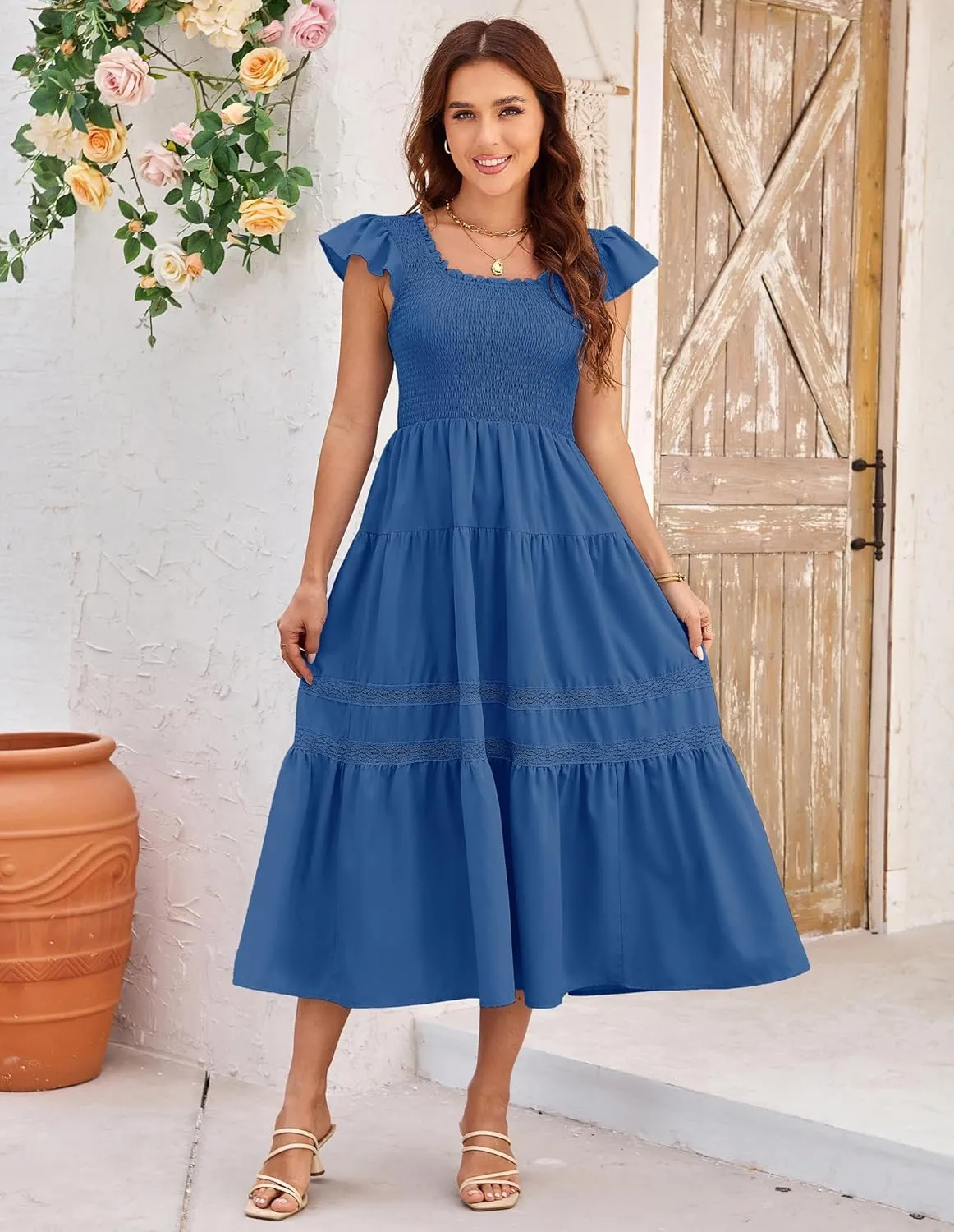 GRACE KARIN Womens Summer Dress Casual 2025 Flutter Sleeve Square Neck Smocked Boho Beach Dresses Tiered Midi Long Sundress