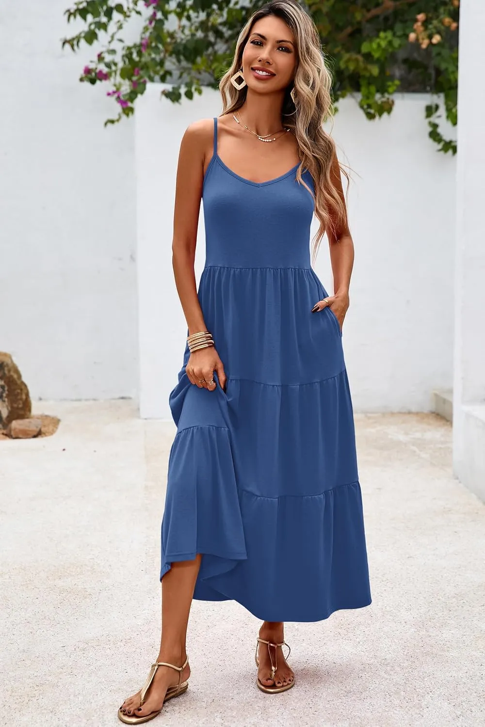 Halife Womens Flowy Tiered Maxi Dress Sleeveless Summer Sundresses Adjustable Straps Long Beach Sun Dresses with Pockets