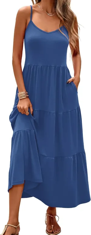 Halife Womens Flowy Tiered Maxi Dress Sleeveless Summer Sundresses Adjustable Straps Long Beach Sun Dresses with Pockets