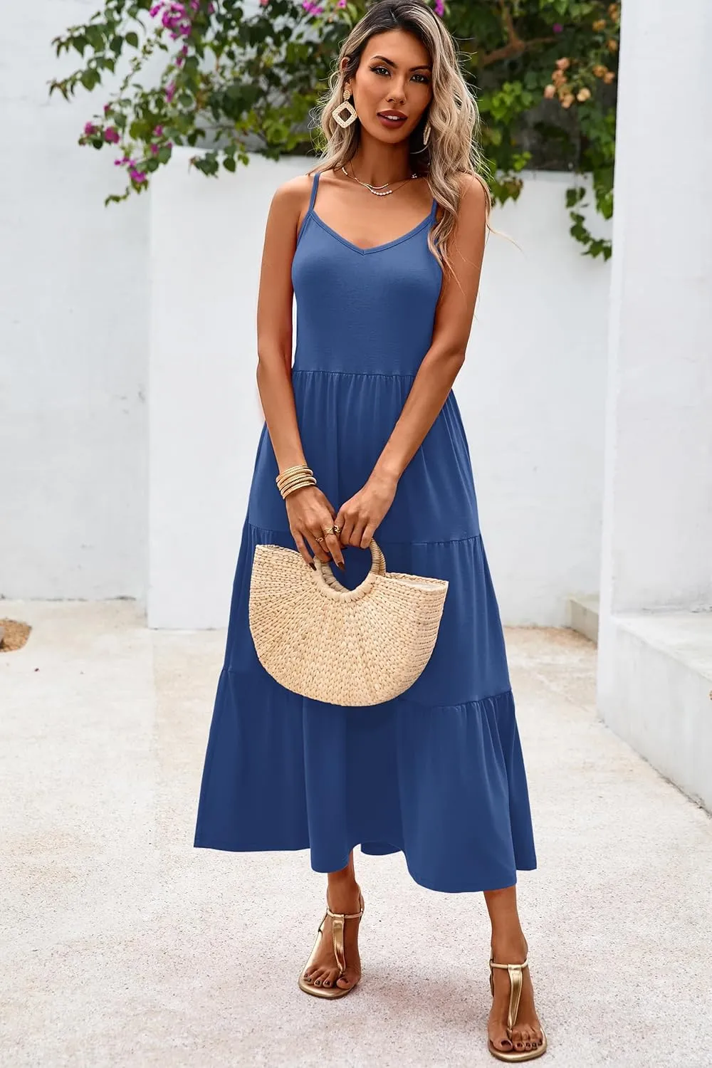 Halife Womens Flowy Tiered Maxi Dress Sleeveless Summer Sundresses Adjustable Straps Long Beach Sun Dresses with Pockets