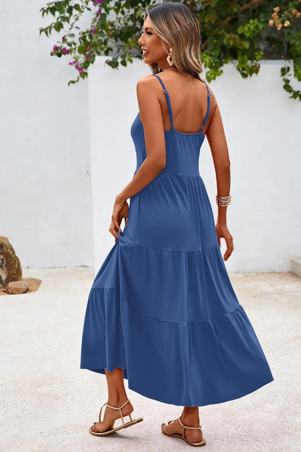 Halife Womens Flowy Tiered Maxi Dress Sleeveless Summer Sundresses Adjustable Straps Long Beach Sun Dresses with Pockets