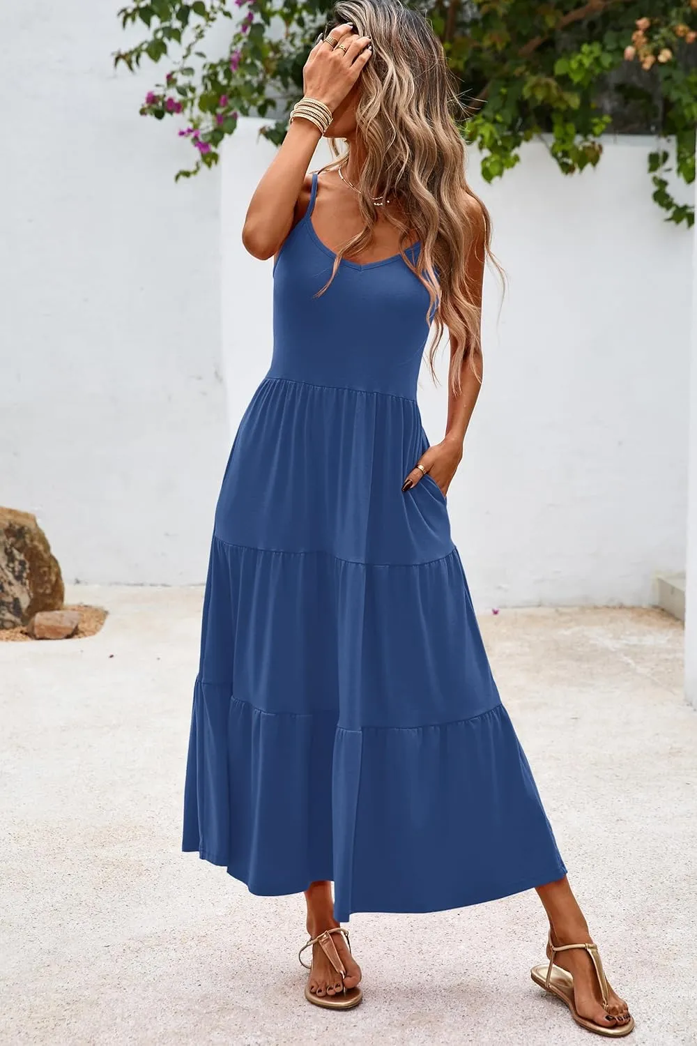 Halife Womens Flowy Tiered Maxi Dress Sleeveless Summer Sundresses Adjustable Straps Long Beach Sun Dresses with Pockets