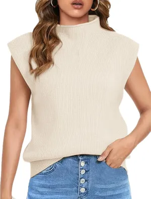 Himosyber Women's Solid Sleeveless Vest Elegant High Neck Stretchable Cap Sleeve Knit Sweater Tops
