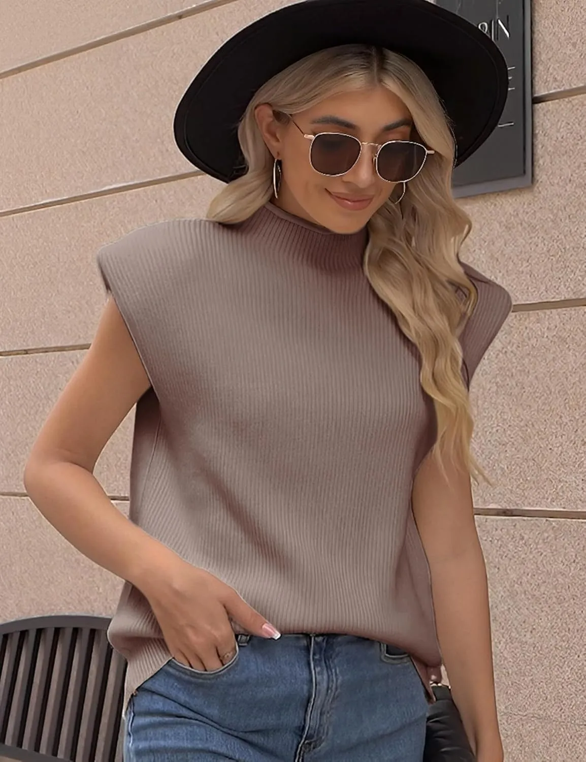 Himosyber Women's Solid Sleeveless Vest Elegant High Neck Stretchable Cap Sleeve Knit Sweater Tops