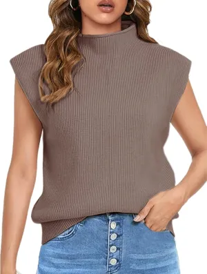 Himosyber Women's Solid Sleeveless Vest Elegant High Neck Stretchable Cap Sleeve Knit Sweater Tops