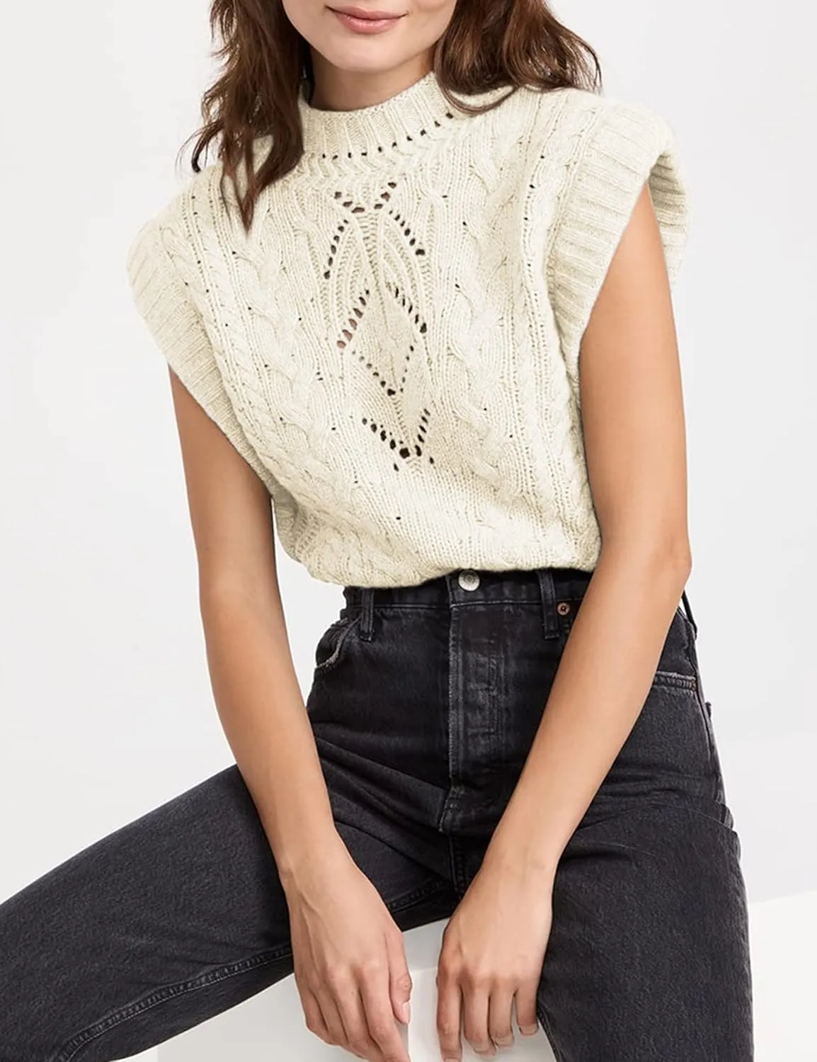 Himosyber Women's Solid Sleeveless Vest Elegant High Neck Stretchable Cap Sleeve Knit Sweater Tops