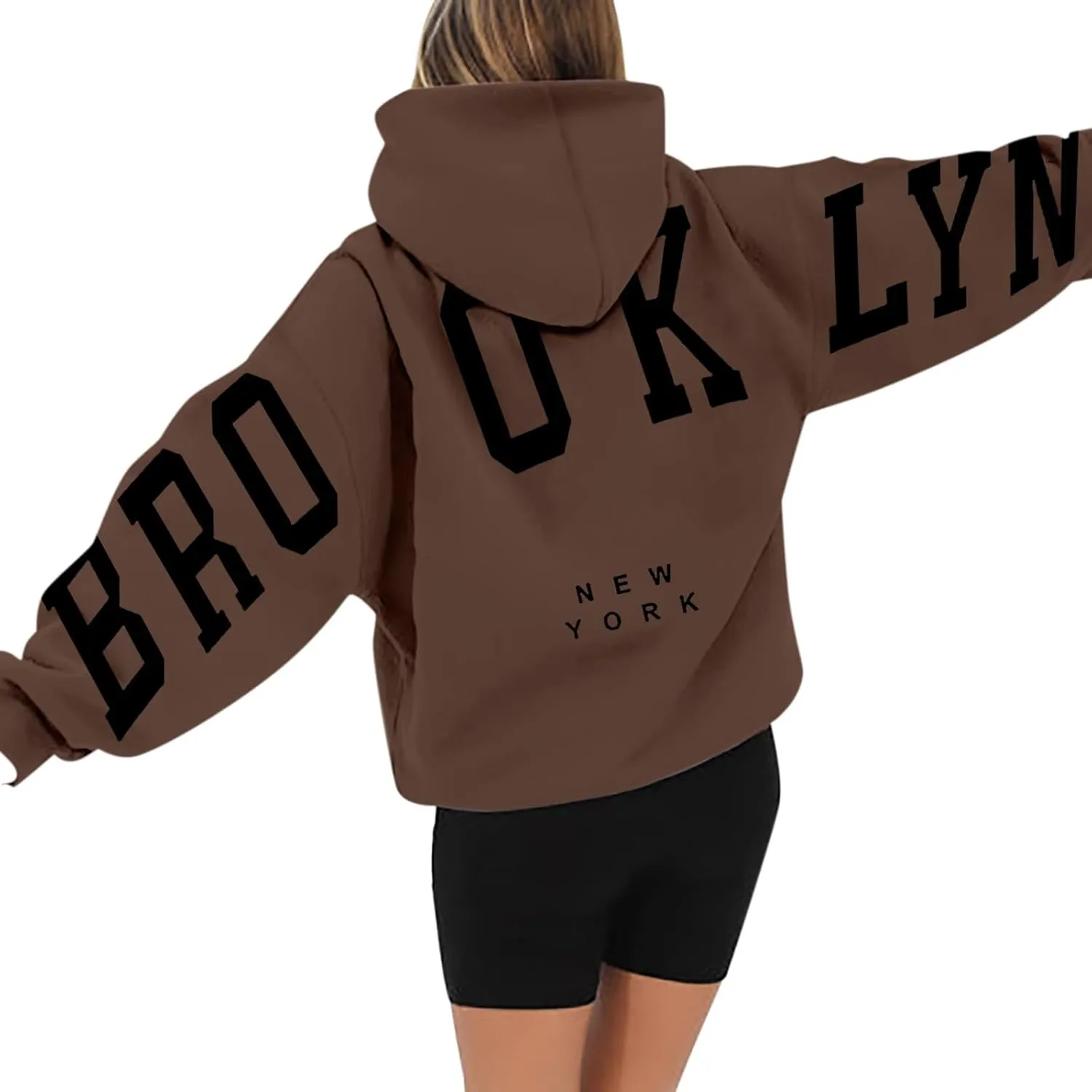 Hoodie Women Long Sleeve Sweatshirts New York U.S.A. Printed Hoodie Pocket Drop Shoulder Pullovers Top