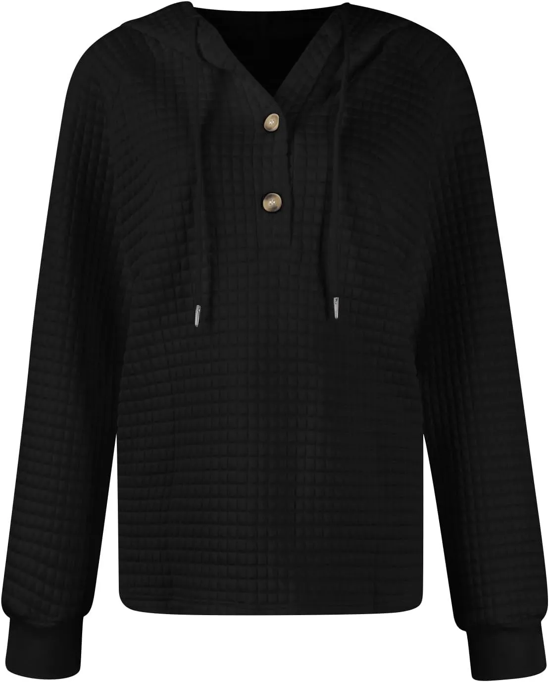 Hoodies For Women Waffle Knit Long Sleeve Shirts Drawstring Button V Neck Tops Fall Loose Fit Pullover Sweatshirt