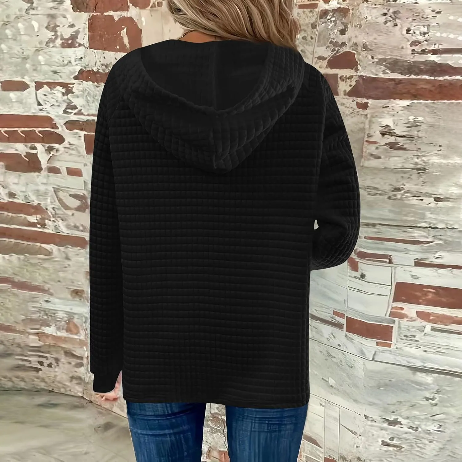 Hoodies For Women Waffle Knit Long Sleeve Shirts Drawstring Button V Neck Tops Fall Loose Fit Pullover Sweatshirt