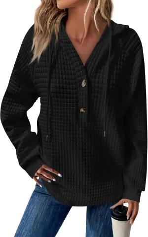 Hoodies For Women Waffle Knit Long Sleeve Shirts Drawstring Button V Neck Tops Fall Loose Fit Pullover Sweatshirt