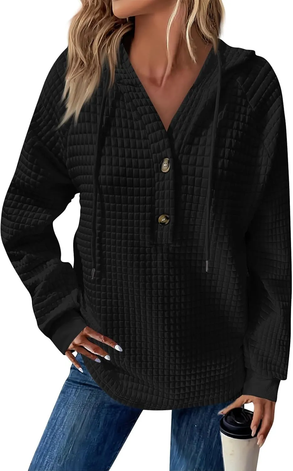 Hoodies For Women Waffle Knit Long Sleeve Shirts Drawstring Button V Neck Tops Fall Loose Fit Pullover Sweatshirt