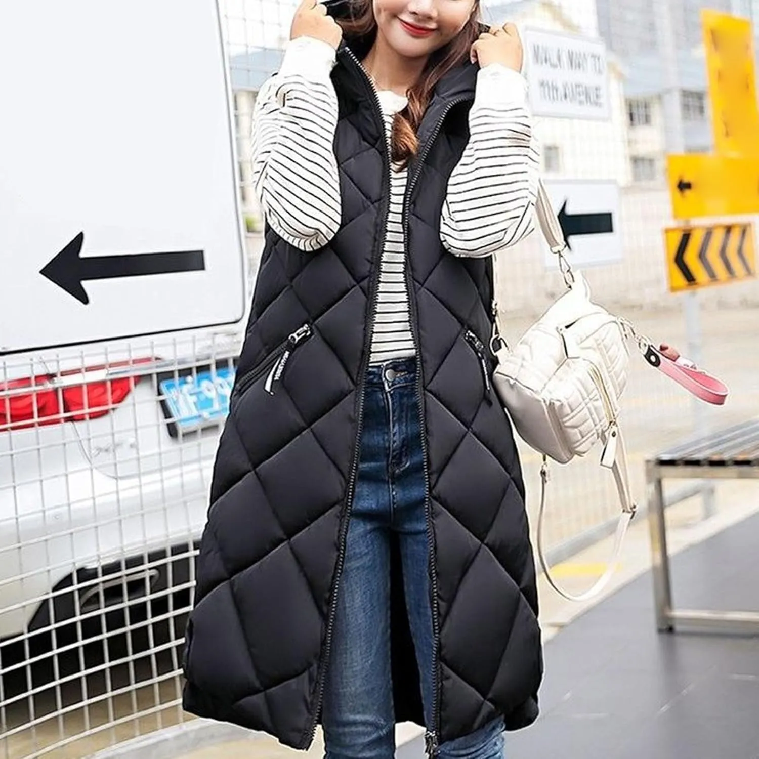 JEsilunmaMY Womens Long Down Vest Jacket Sleeveless Hoodie Full-Zip Hooded Puffer Vest Warm Cotton Padded Jacket Winter Coat