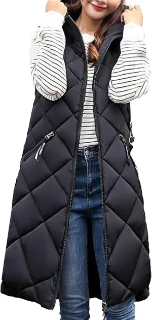 JEsilunmaMY Womens Long Down Vest Jacket Sleeveless Hoodie Full-Zip Hooded Puffer Vest Warm Cotton Padded Jacket Winter Coat