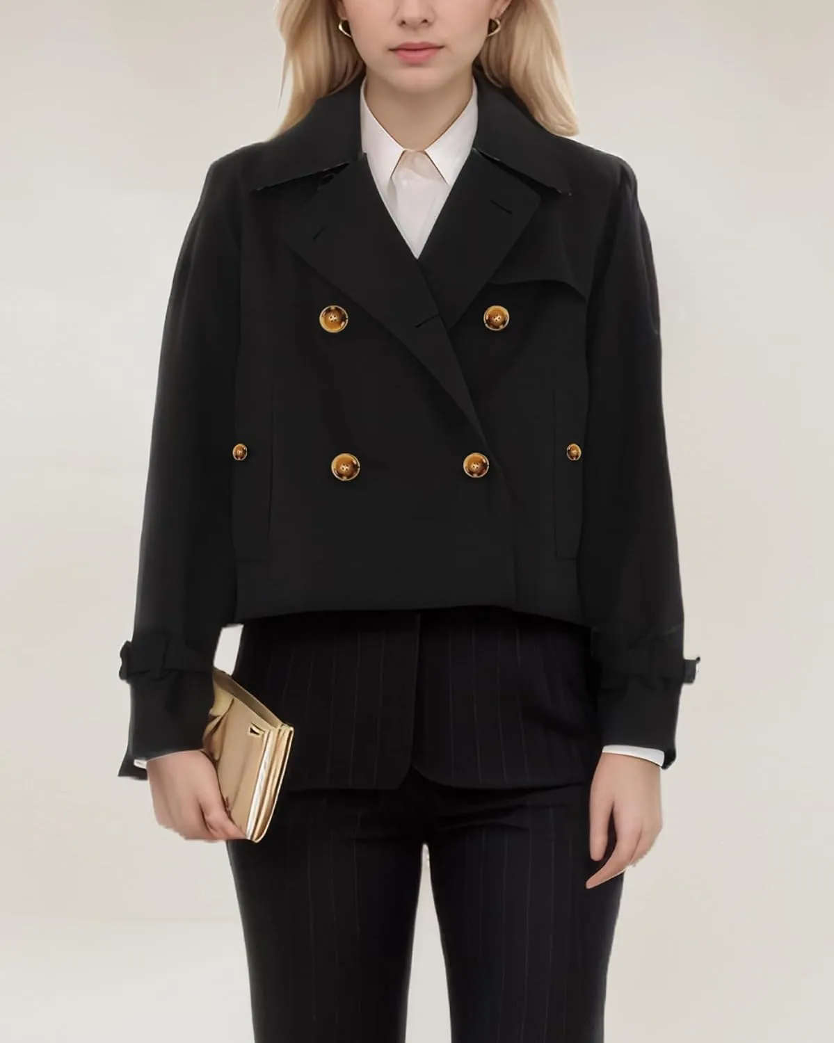 Kedera Cropped Trench Coat for Women Double Breasted Notched Lapel Casual Fall Jackets Loose Short Jacket Belted Cuffs