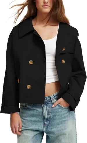 Kedera Cropped Trench Coat for Women Double Breasted Notched Lapel Casual Fall Jackets Loose Short Jacket Belted Cuffs